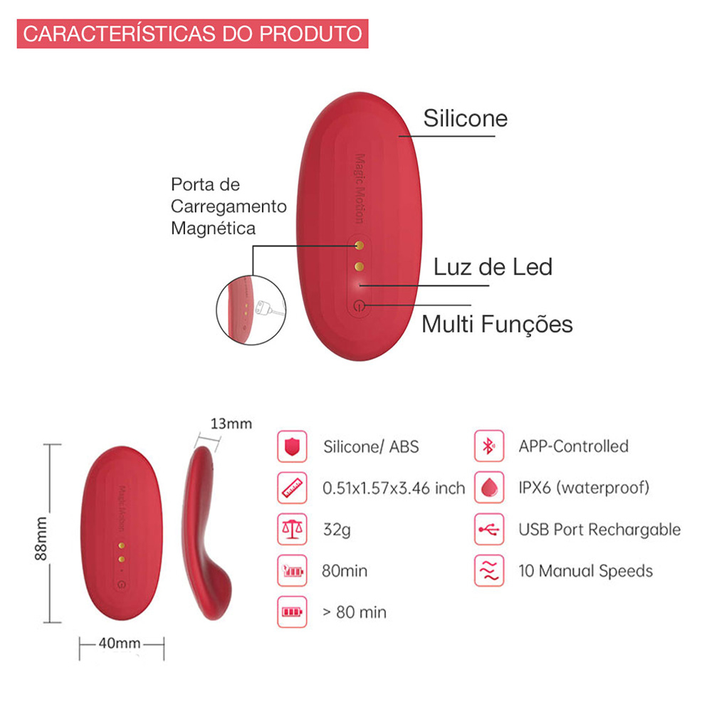 Vibrador para Clitóris Recarregável em Silicone com 10 Vibrações Controle por APP Nyx Vermelho | Foto 06