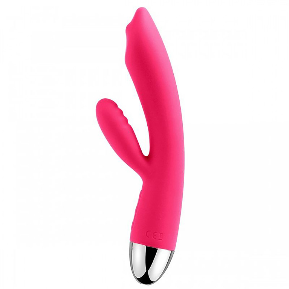 Vibrador Duplo Trysta Pink em detalhe, mostrando o silicone macio e a base met�lica