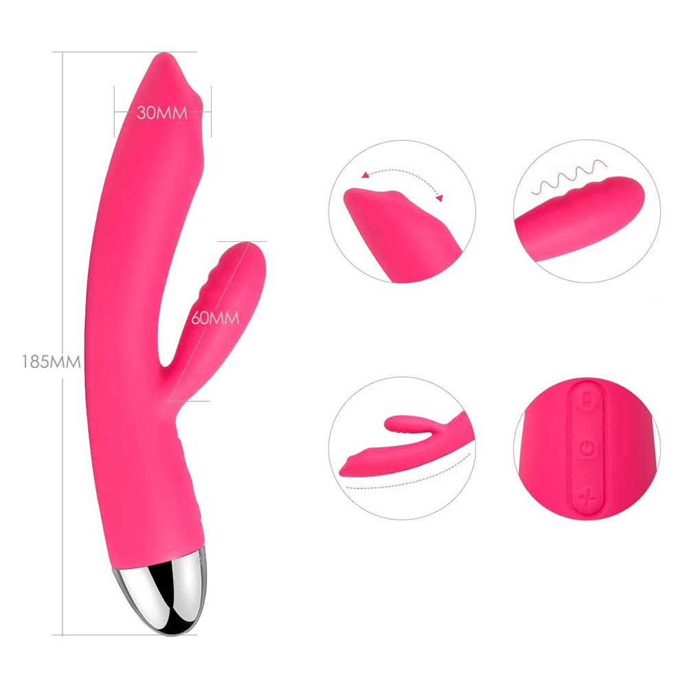 Vibrador Duplo Trysta Pink lateral, mostrando o carregador USB e detalhes do silicone