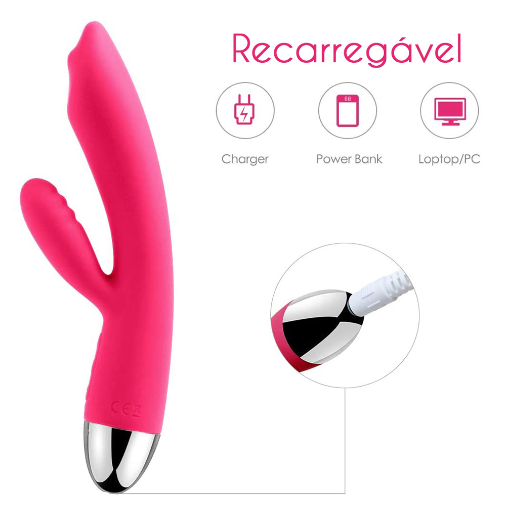 Closeup do Vibrador Duplo Trysta Pink, evidenciando o material de silicone e as curvas