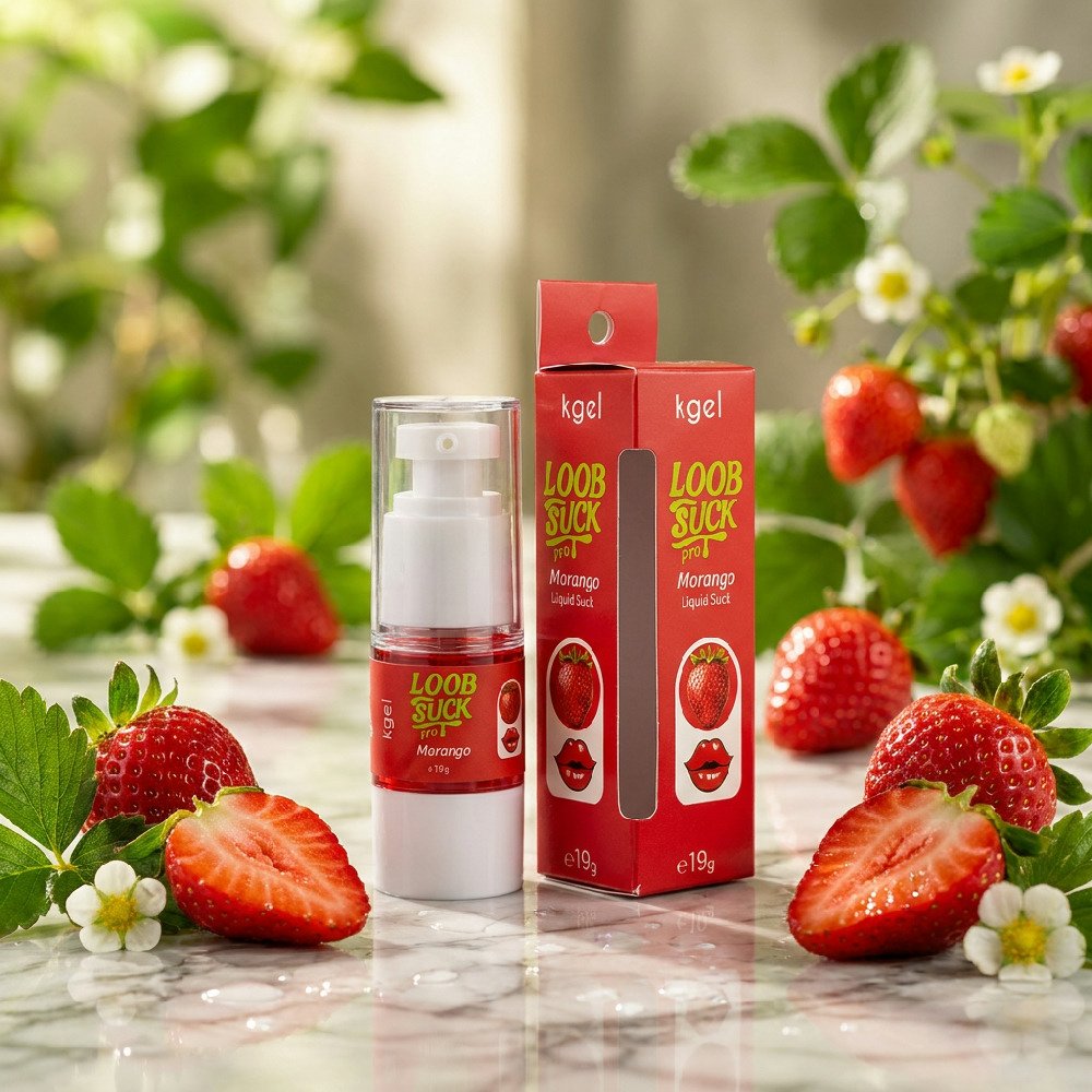 Gel Vibrador L�quido Beij�vel LoobSuck Aroma de Morango 19ml com morangos frescos ao redor.