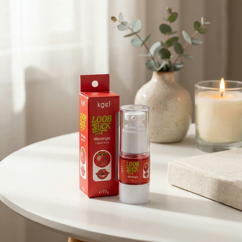 Gel Vibrador L�quido Beij�vel LoobSuck Aroma de Morango 19ml em um ambiente aconchegante com vela.