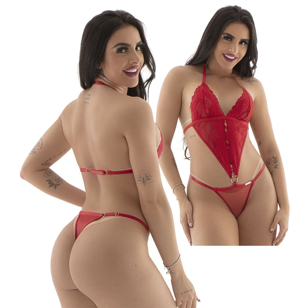 Body Sensual Sexy em Renda e Tule Sem Bojo com Calcinha Estilo Tailandesa Nayla Vermelho | Foto 02