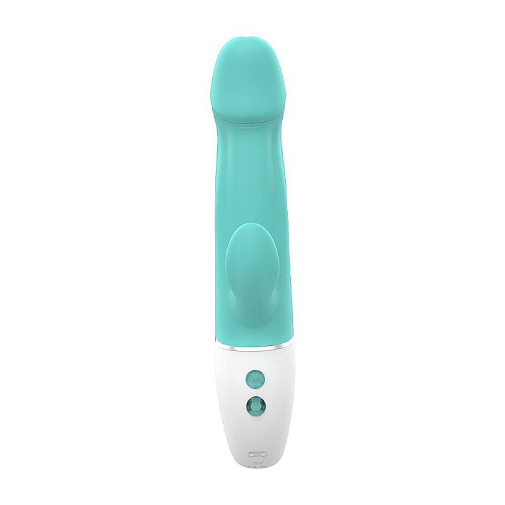 Vista frontal do Vibrador Duplo Wave Cyan em silicone, mostrando os controles e o anel da base