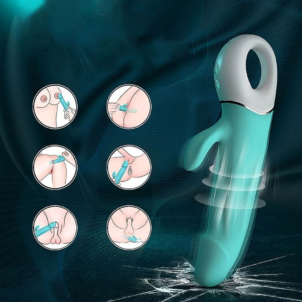 Vibrador Duplo Wave Cyan em um fundo branco, vista da parte de tr�s com os bot�es e a entrada USB