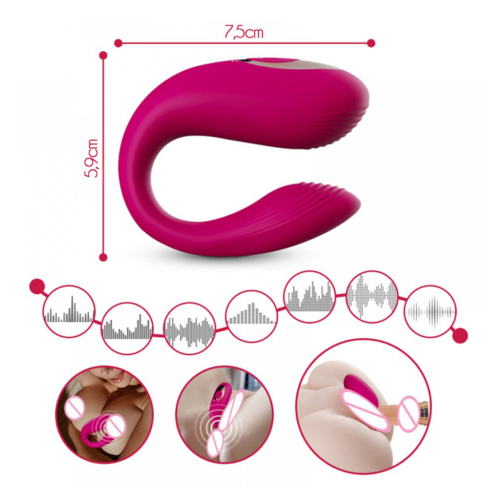Vibrador para Casal Recarreg�vel em Silicone 7 Vibra��es e Controle sem Fio Pink, indicando dimensoes do produto e modos de vibracao