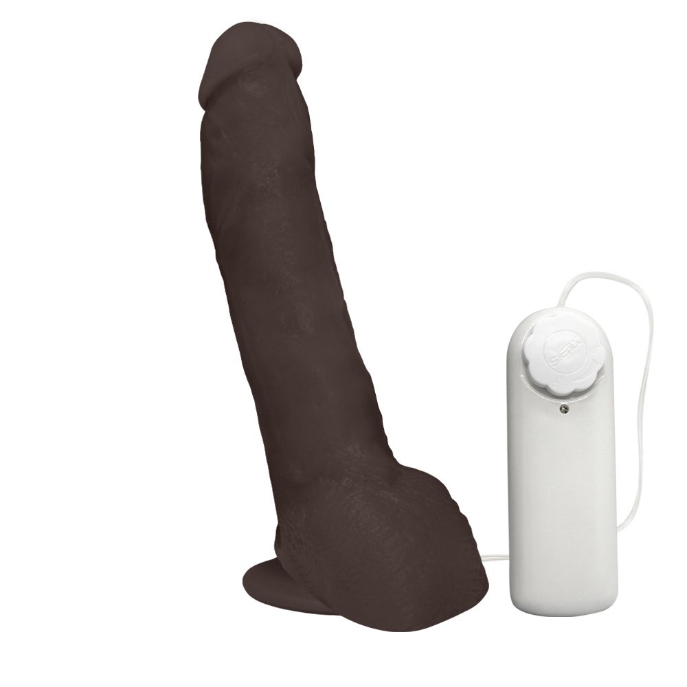 P�nis Real�stico Feito em PVC Flex�vel com Escroto, Ventosa e Vibro Ron Jeremy Marrom, vista lateral direita com controle e fio