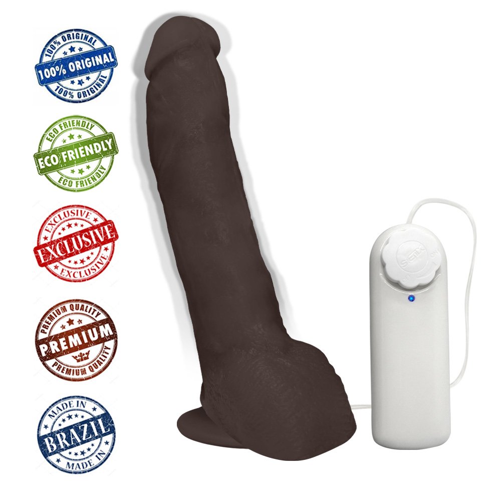 P�nis Real�stico Feito em PVC Flex�vel com Escroto, Ventosa e Vibro Ron Jeremy Marrom, vista de cima com controle e fio