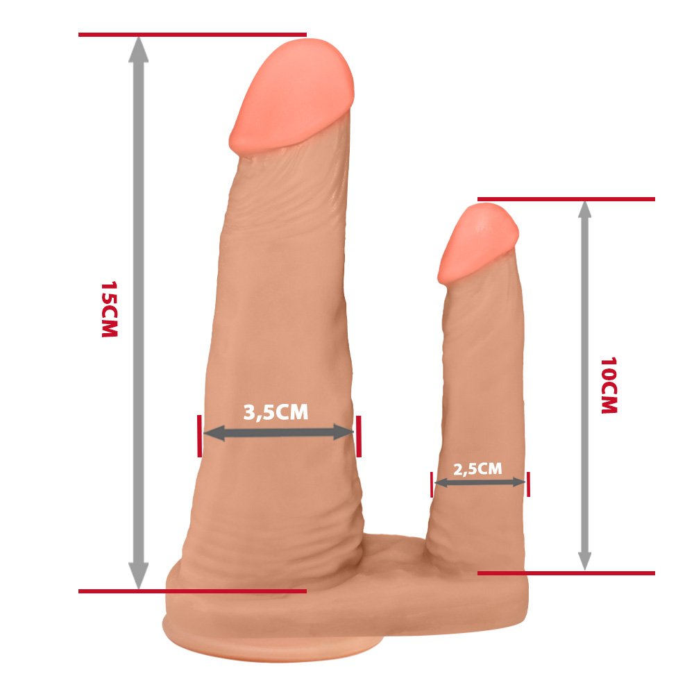 P�nis Duplo para 2 Penetra��es com Vibrador e Ventosa 15x3,5cm e 10x2,5cm Bege - Vista traseira do p�nis duplo bege com o vibrador lateral