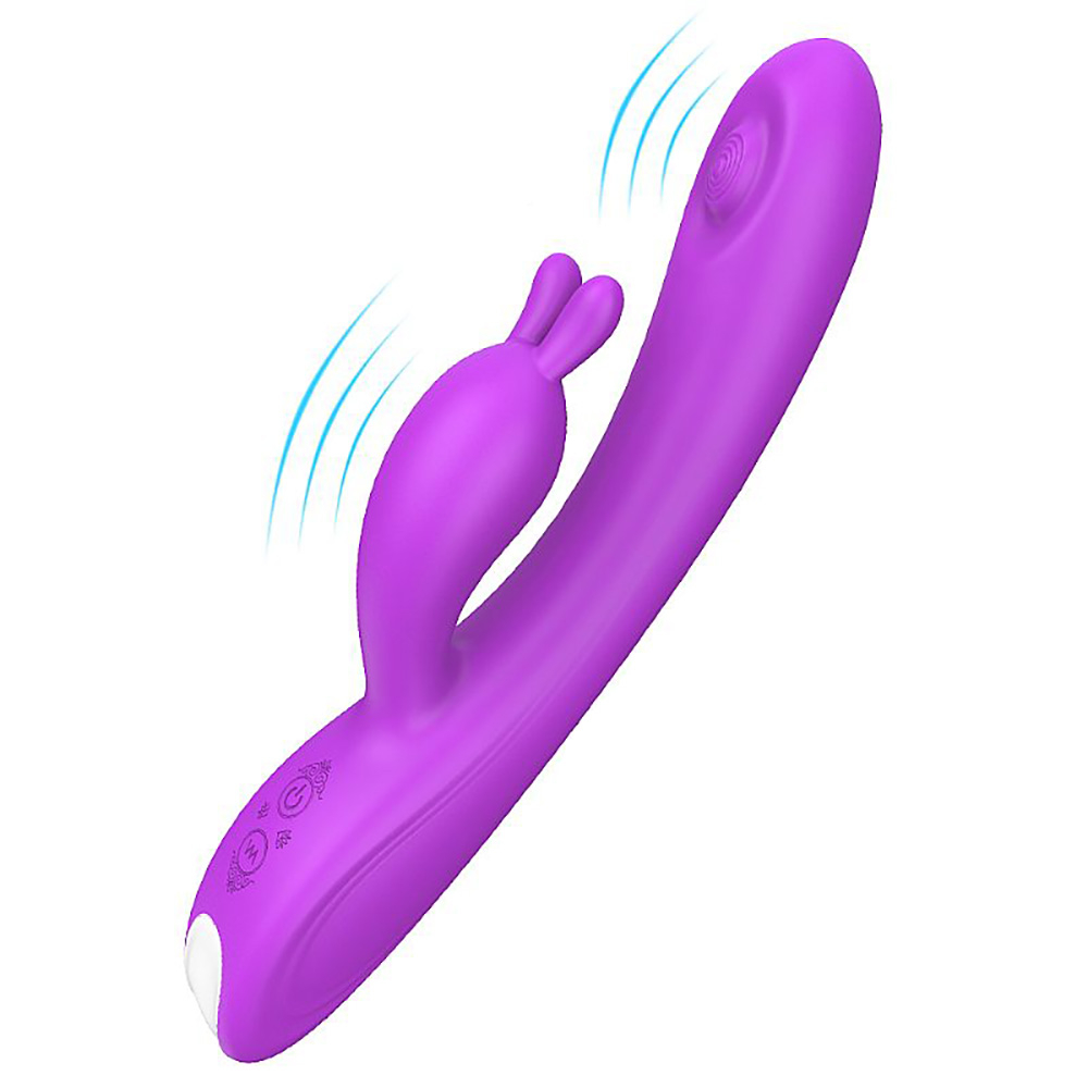 Vibrador Duplo Rabbit Candy Roxo em vista lateral, destacando o corpo vibrat�rio principal e o estimulador clitoriano em forma de orelha