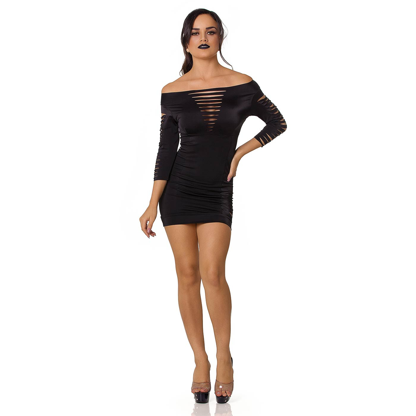 Vestido Sensual com Manga Recortada Preto, modelo em p�, vista frontal, boca fechada