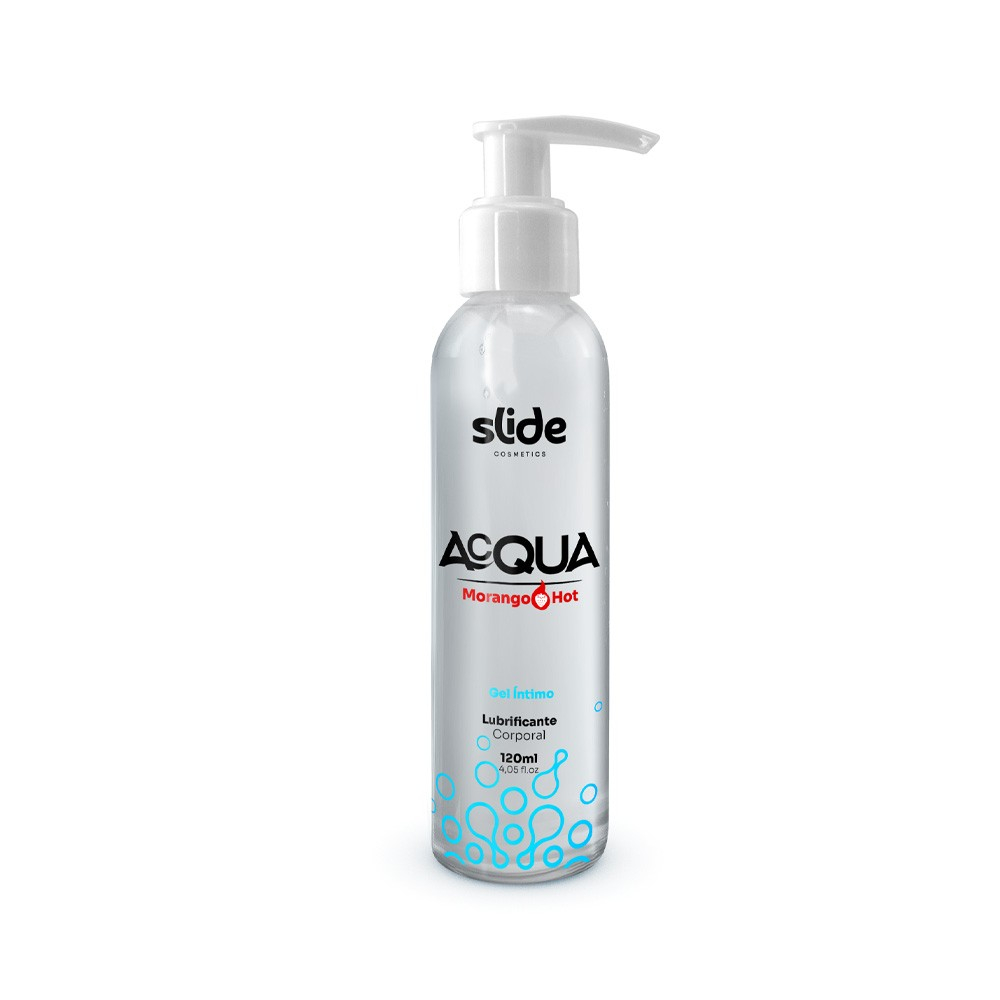 Um frasco de Acqua Morango Hot em vista frontal, exibindo o r�tulo detalhado e o dosador pump.