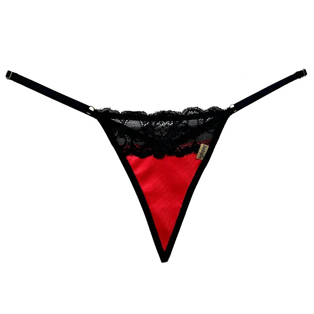 Calcinha string fio dental sexy em cirr� e renda vermelha, foto de est�dio com a pe�a desdobrada mostrando todos os detalhes