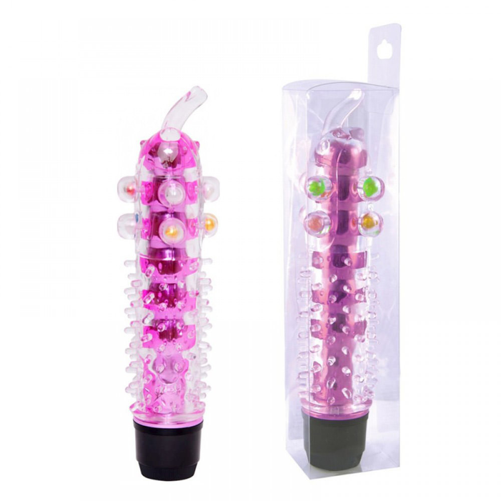 Vibrador Personal com Capa Texturizada e P�rolas Estimuladoras Rosa ao lado de sua embalagem transparente