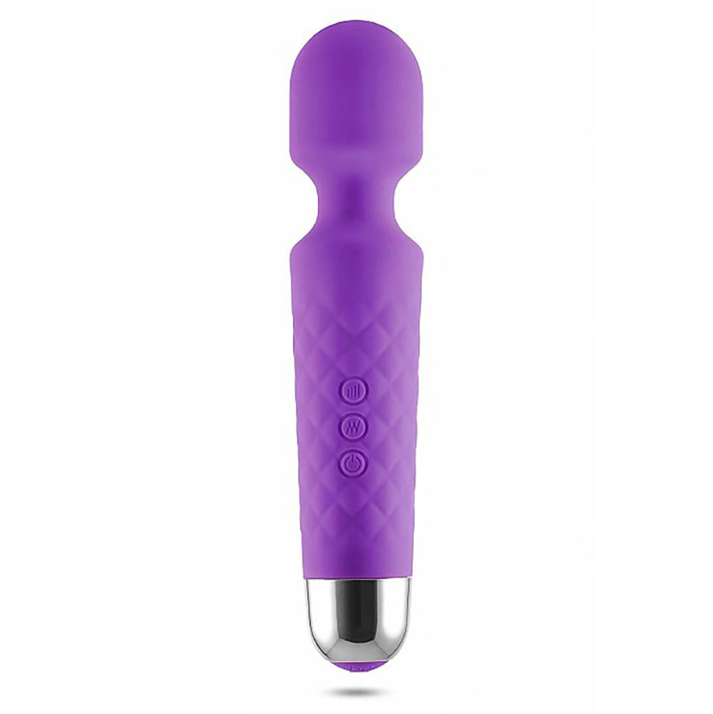 Massageador Er�tico Varinha M�gica Potente de Silicone Roxo em vista frontal detalhando bot�es e textura de silicone
