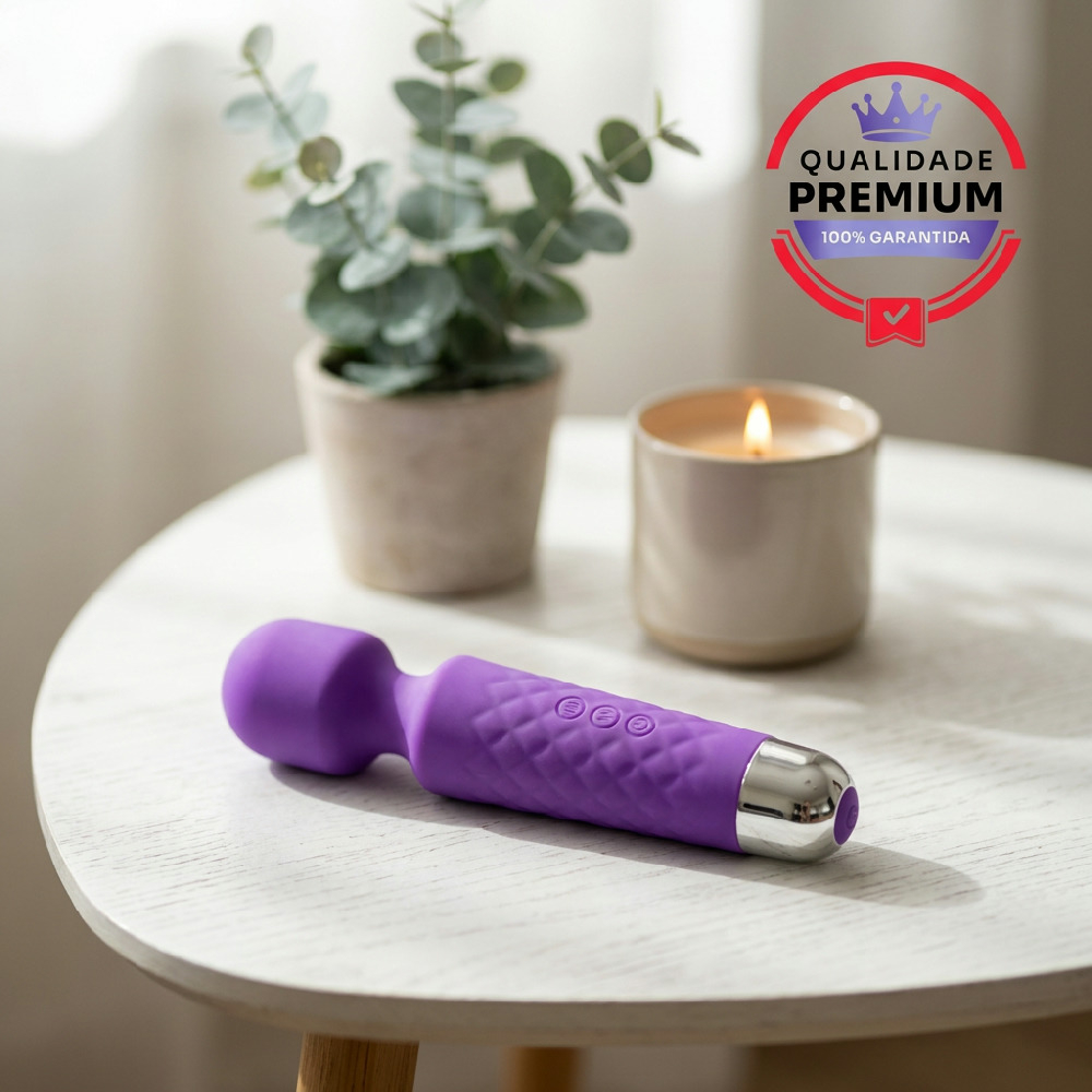 Vibrador massageador roxo com ponta arredondada e base cromada, destacando seu design moderno