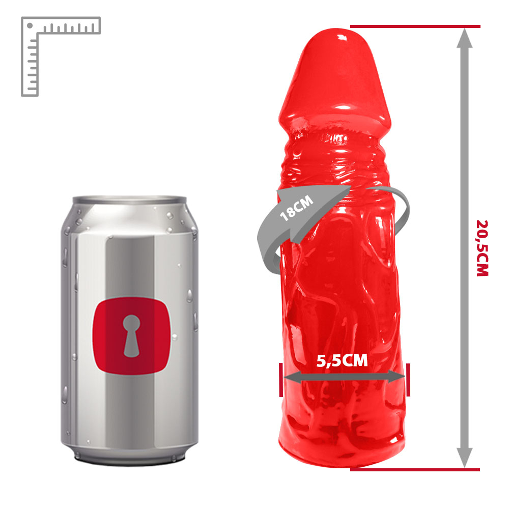 P�nis Cotoco em PVC Flex�vel At�xico 20,5 x 5,5cm na cor vermelha, em uma vista superior que apresenta a forma completa do dildo, destacando sua uniformidade e a vibrante cor. 