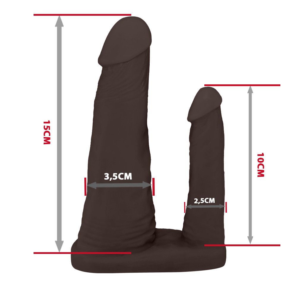 P�nis Duplo para 2 Penetra��es em PVC Flex�vel At�xico na cor marrom, em vista traseira, destacando a textura do material e a estrutura da base.