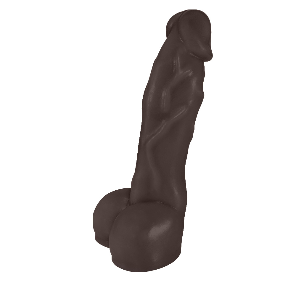 p�nis real�stico em PVC flex�vel Heart marrom em perspectiva superior, real�ando flexibilidade e cor marrom