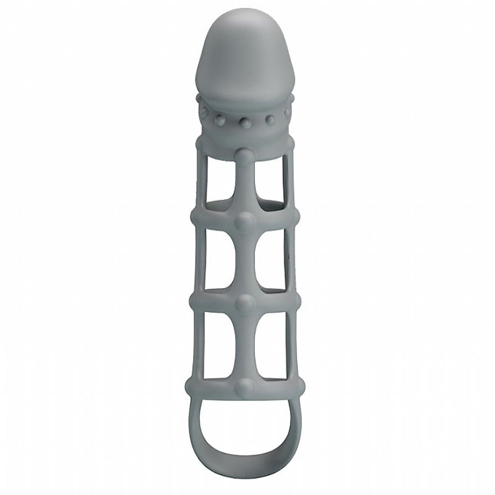 Capa peniana Penis Sleeve com Ball Strap em Silicone Preto vista em �ngulo lateral sobre fundo neutro, com detalhes da flexibilidade e textura do silicone