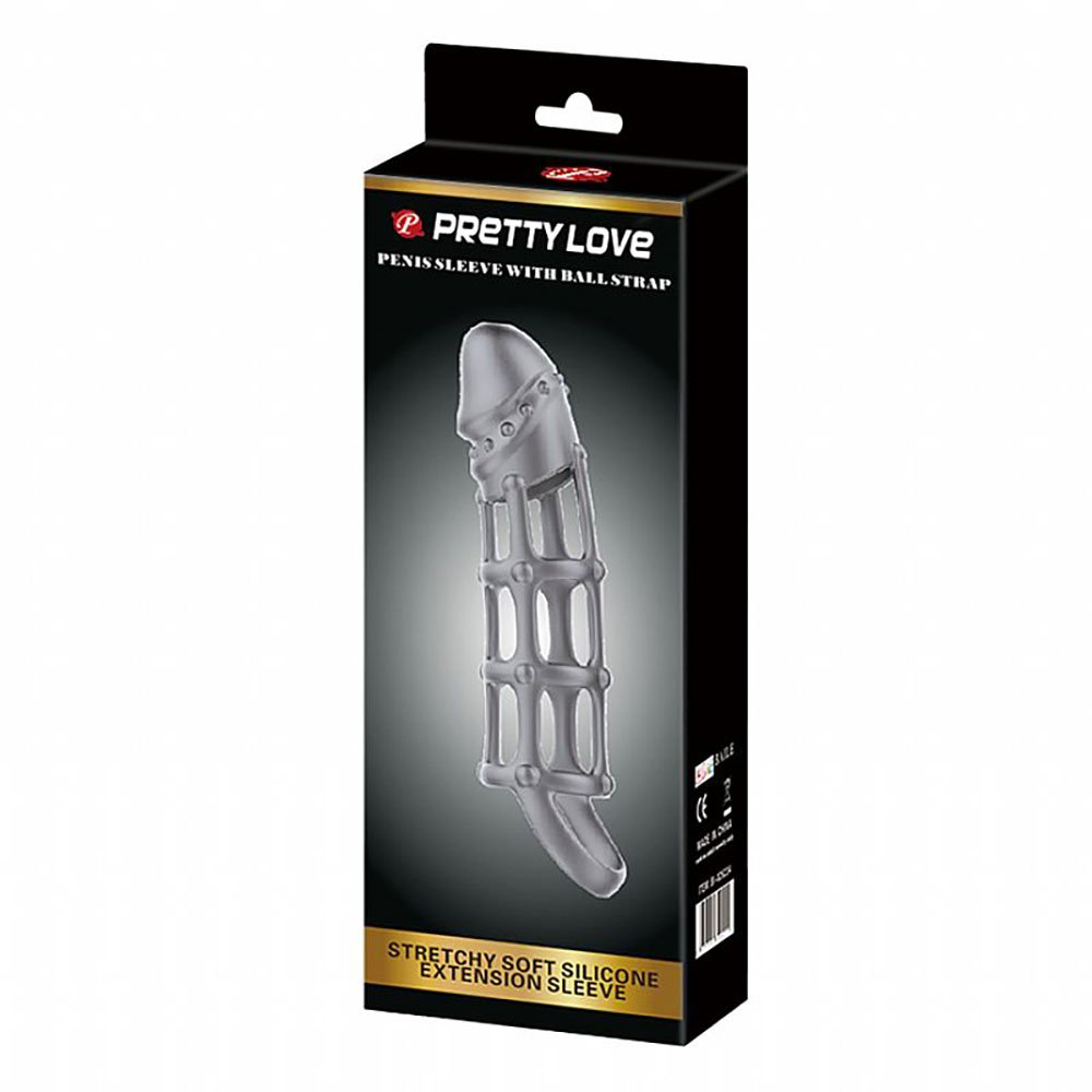 Capa peniana Penis Sleeve com Ball Strap em Silicone Preto exibida em vista a�rea, demonstrando seu formato alongado e a curvatura do anel escrotal