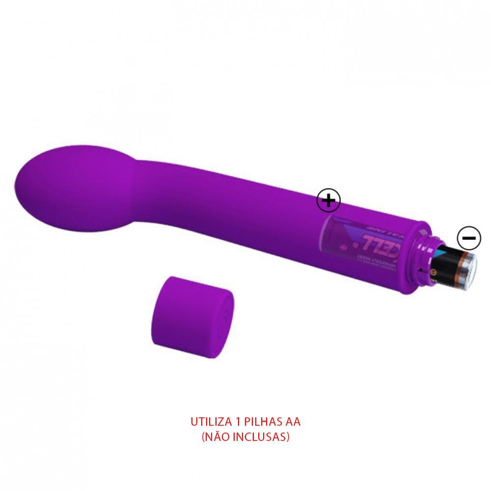 Vibrador Ponto G Pretty Love Logan Roxo com compartimento de pilhas AA aberto (pilhas n�o inclusas)