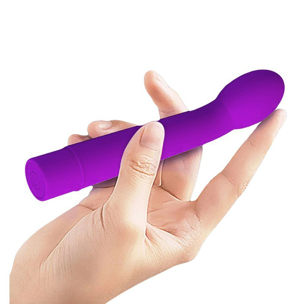 Vibrador Ponto G Pretty Love Logan Roxo em contraste com sua embalagem, mostrando detalhes das 10 fun��es e material de silicone