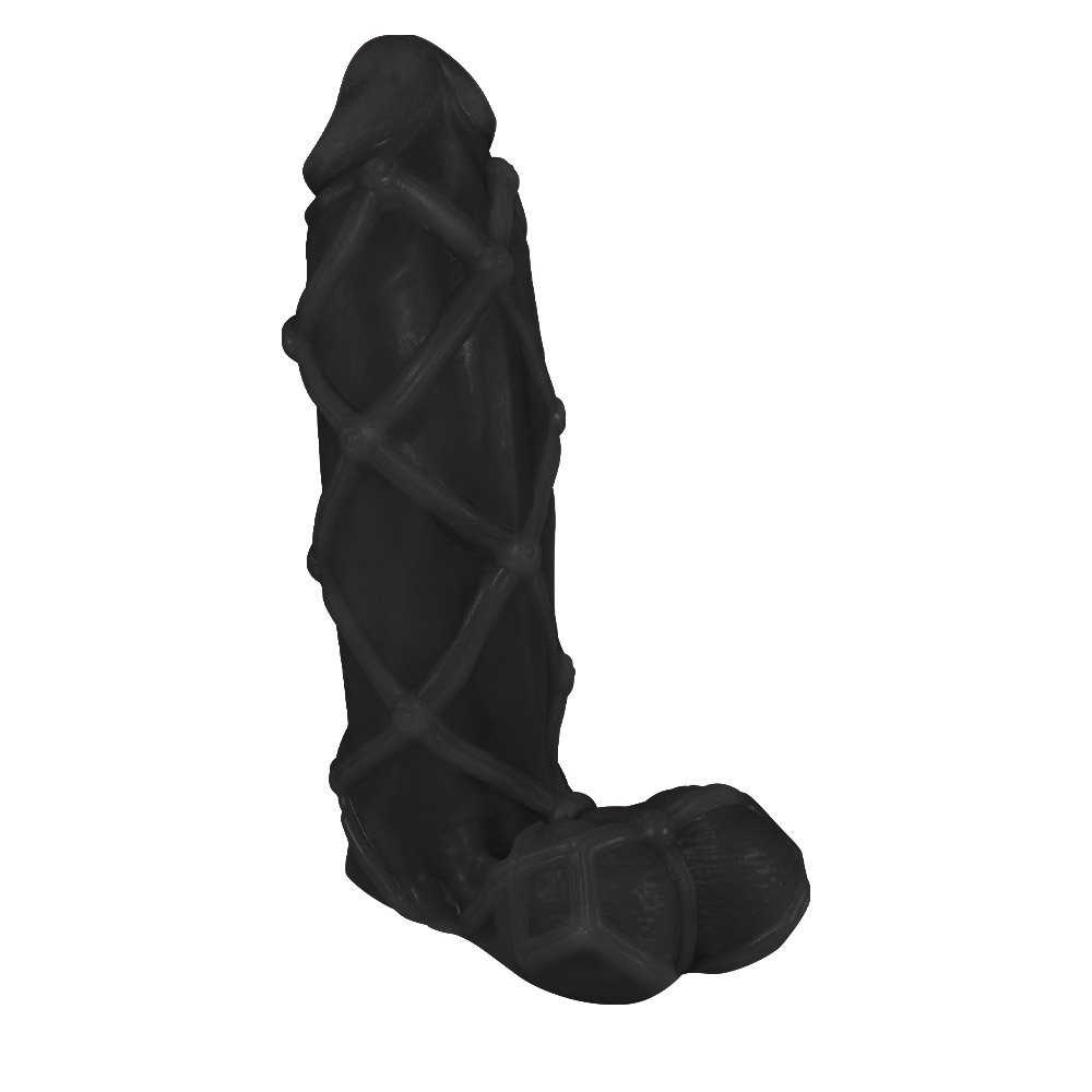 P�nis Maci�o Dominador em PVC Flex�vel At�xico 22 x 6,8cm Preto | Vista lateral do dildo com padr�o em relevo e escroto