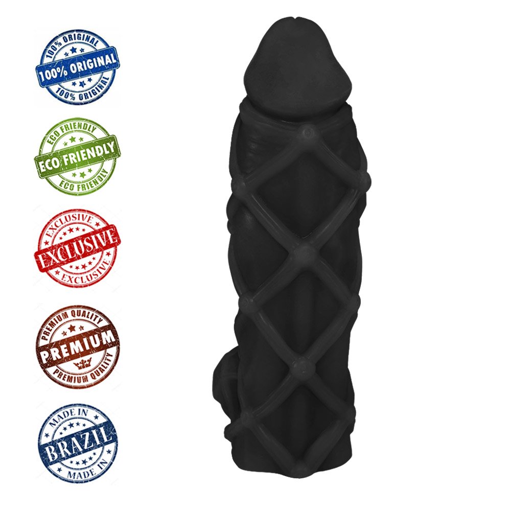 P�nis Maci�o Dominador em PVC Flex�vel At�xico 22 x 6,8cm Preto | Vista lateral detalhada da base do dildo com escroto e padr�o em relevo