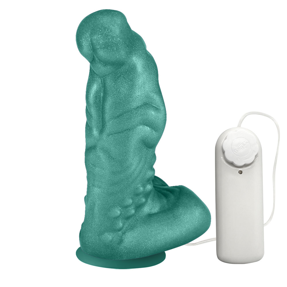 Pênis Feito em PVC Flexível com Escroto, Vibrador e Ventosa Goodzilla 20 x 6,5cm Verde Cintilante | Foto 02