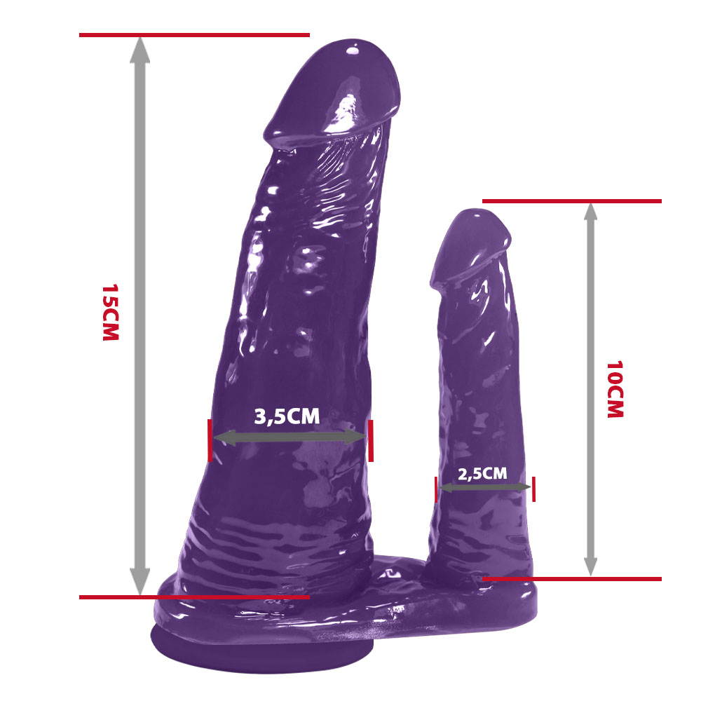 P�nis Duplo para Duas Penetra��es Roxo, imagem ambiente mostrando a praticidade da ventosa em uma superf�cie lisa, ideal para explora��o sem as m�os
