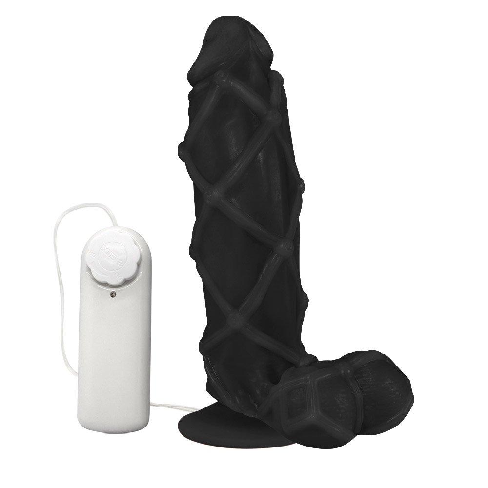 P�nis Maci�o Dominador Preto em PVC Flex�vel, vista lateral com detalhes da textura e vibrador