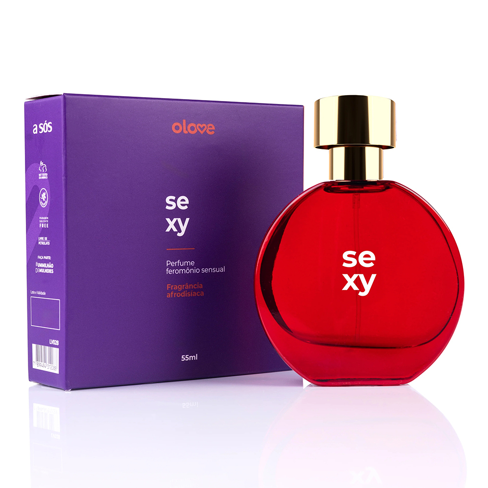 Perfume Olove Sexy 55ml com caixa roxa, frasco vermelho e tampa dourada em fundo claro, mostrando o conjunto do produto