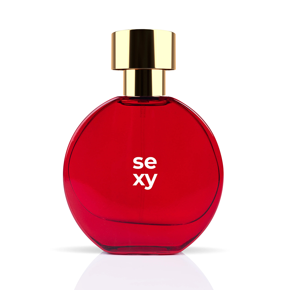 Detalhe do frasco de perfume Olove Sexy 55ml na cor vermelha com o nome 'sexy' em destaque, refletindo a ess�ncia sensual