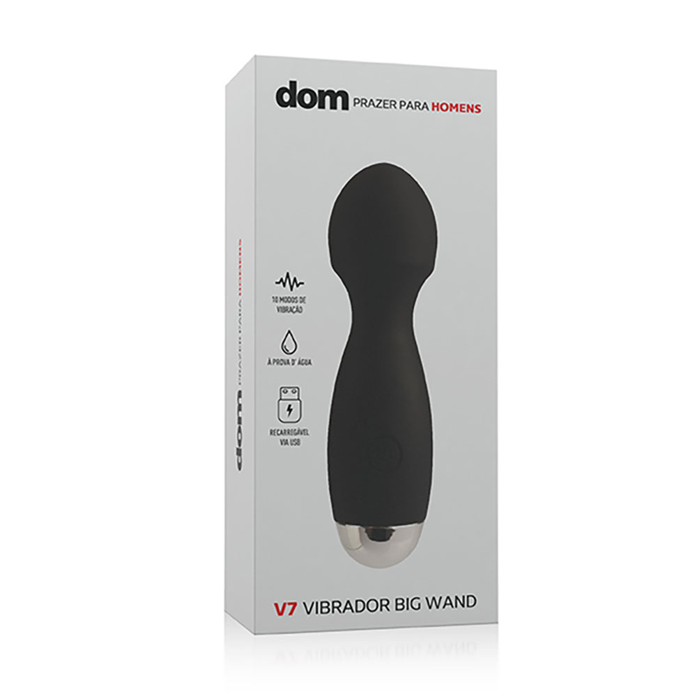 Massageador Er�tico Recarreg�vel em Silicone com 10 Vibra��es Big Wand V7 Preto na embalagem, com detalhes da marca 'dom'
