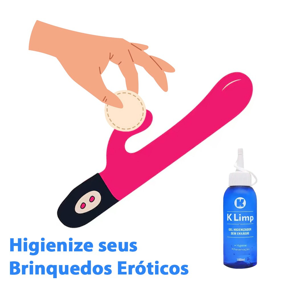 Ilustra��o de m�o limpando um vibrador rosa com um algod�o e o frasco do KLimp ao lado, com texto 'Higienize seus Brinquedos Er�ticos'