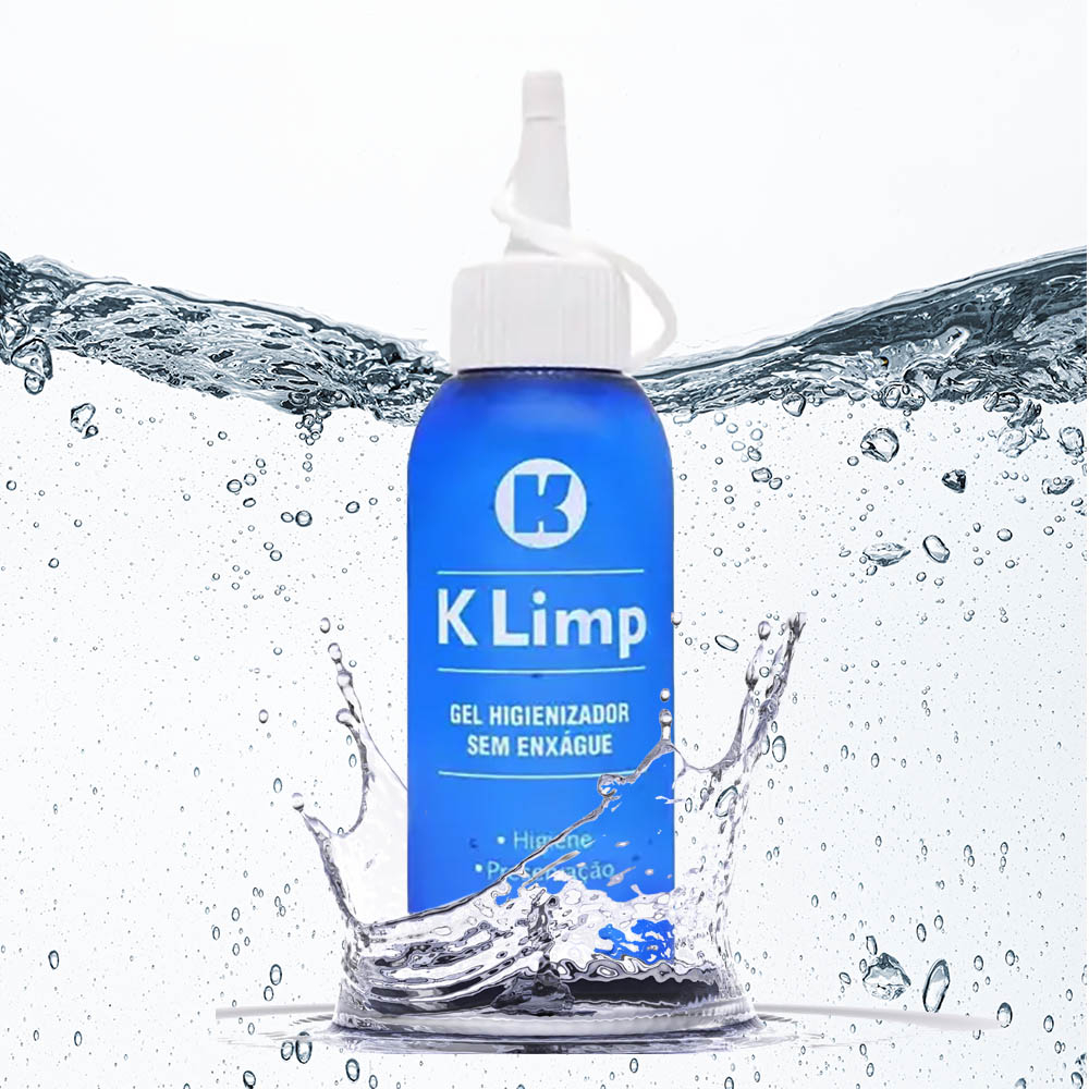 Frasco do Gel Higienizador KLimp 100ml em close-up, focado na tampa e no aplicador, mostrando o design pr�tico