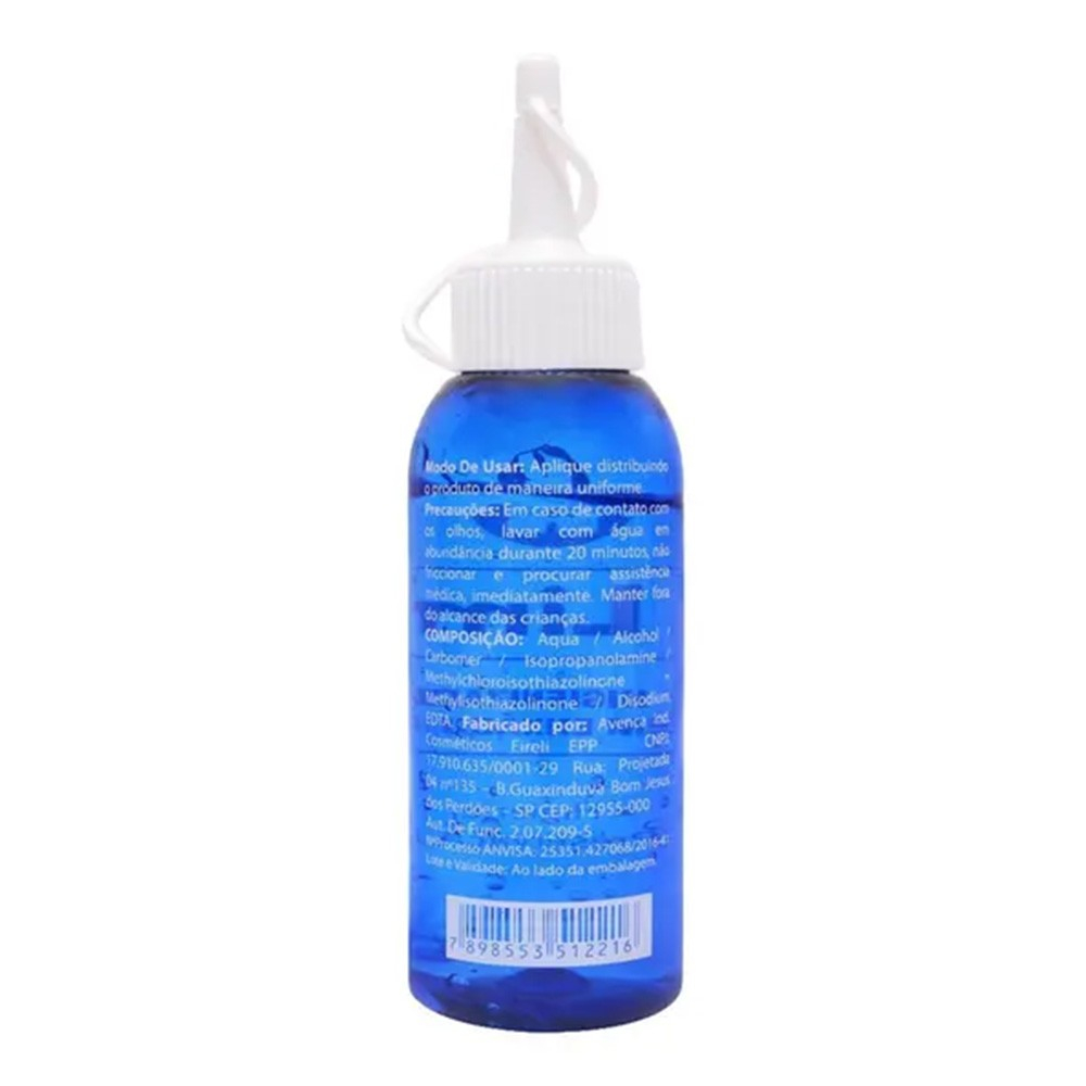 Vis�o superior do frasco do Gel Higienizador KLimp 100ml, destacando a textura do frasco azul e o r�tulo