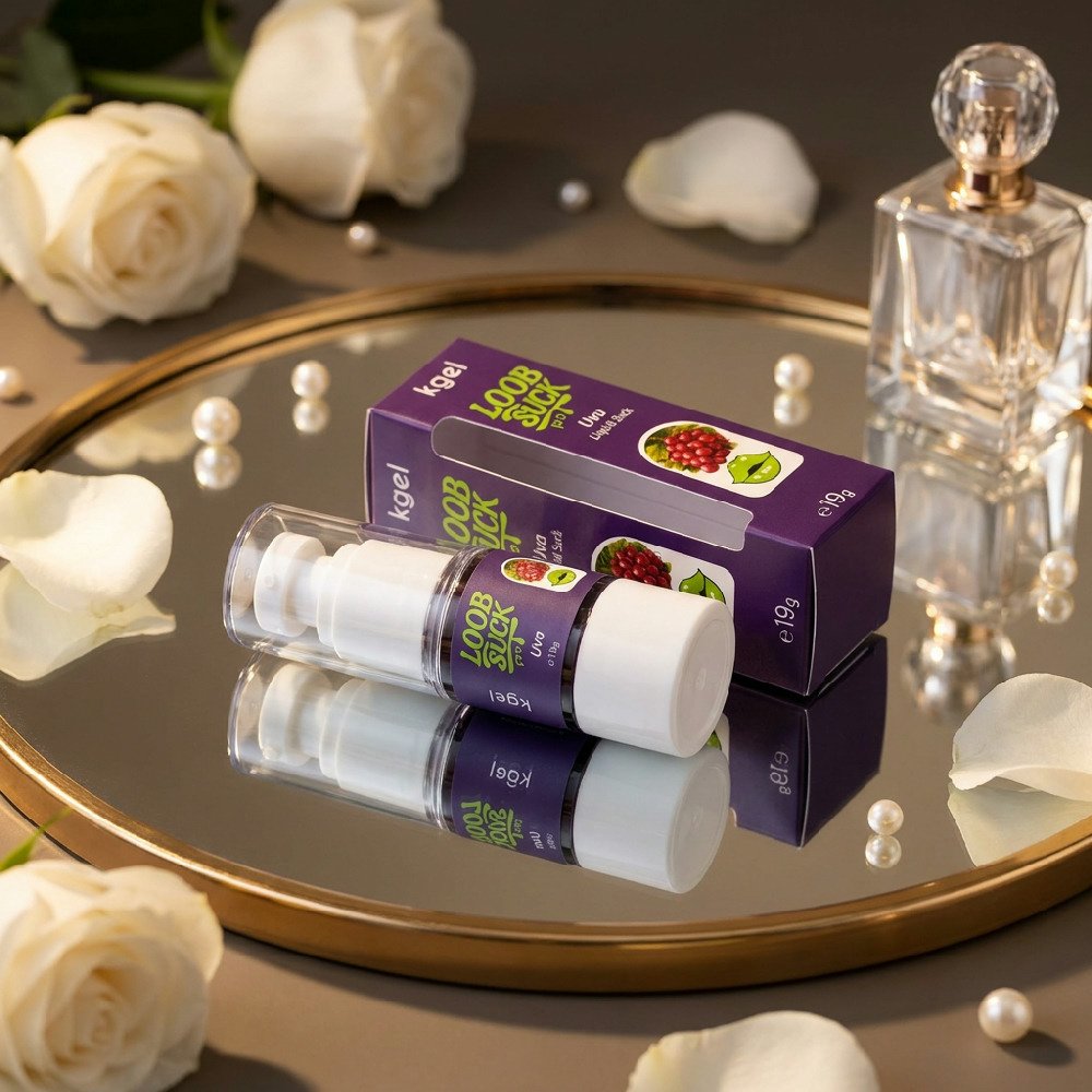 Gel Vibrador L�quido Beij�vel LoobSuck Aroma de Uva 19ml e embalagem refletidos em um espelho com rosas brancas