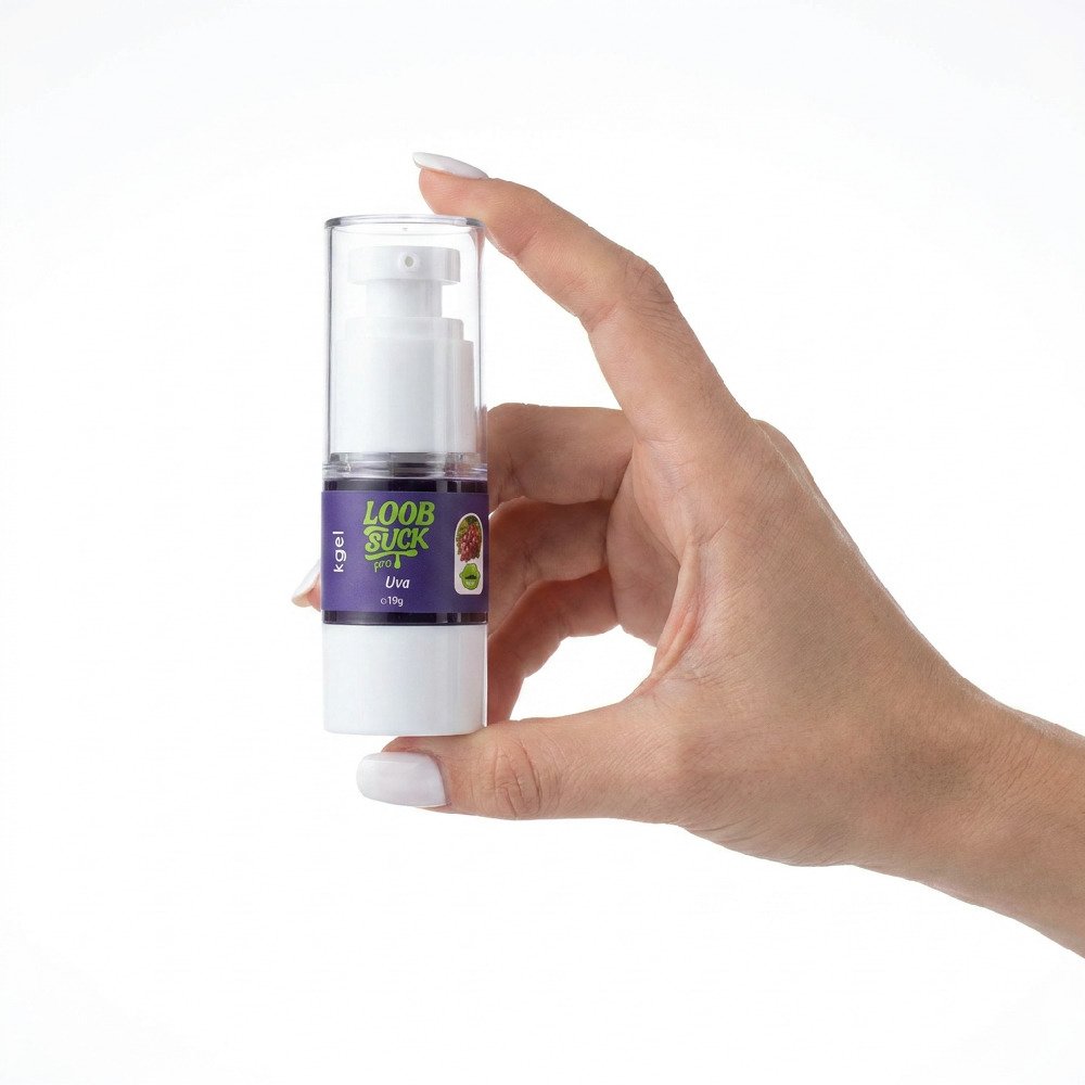 Gel Vibrador L�quido Beij�vel LoobSuck Aroma de Uva 19ml exibindo o frasco e a bomba dosadora