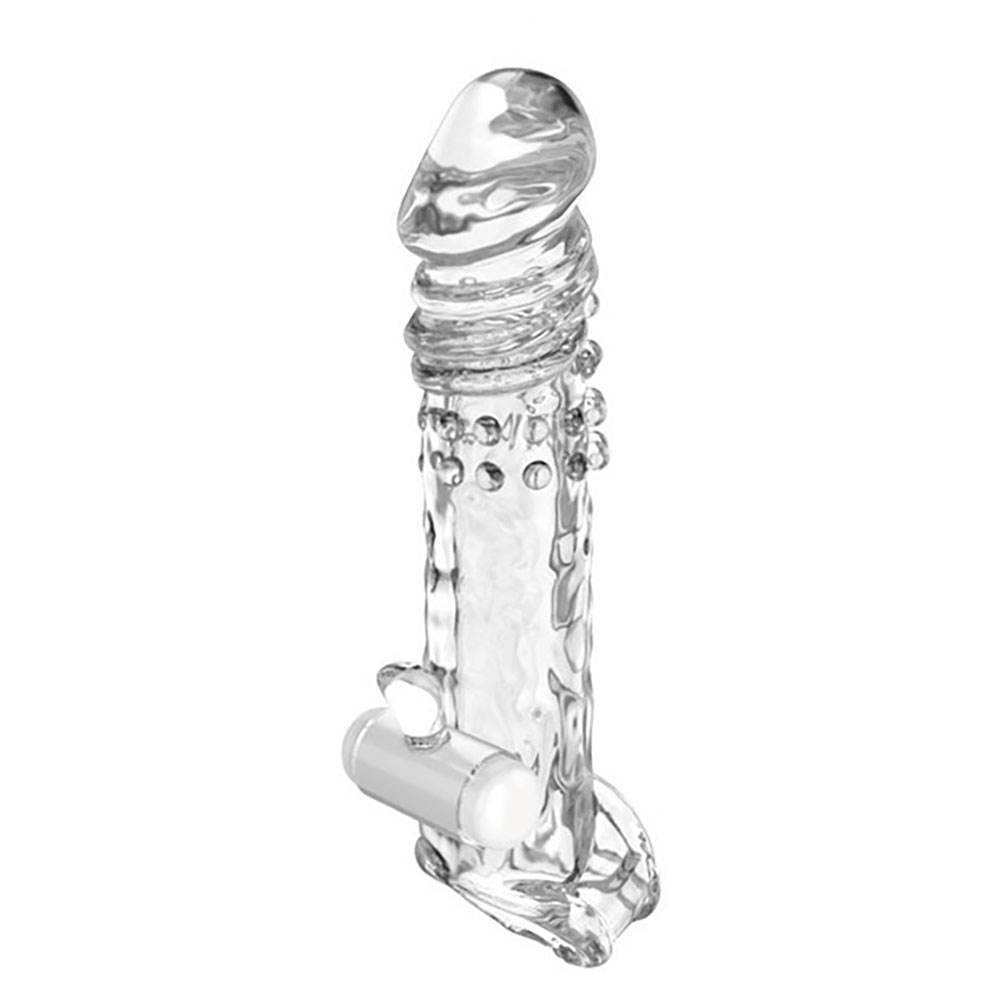 Capa Peniana Tiger com 12 Vibra��es Transparente, vista detalhada ilustrando o vibrador interno e os bot�es de controle de intensidade.