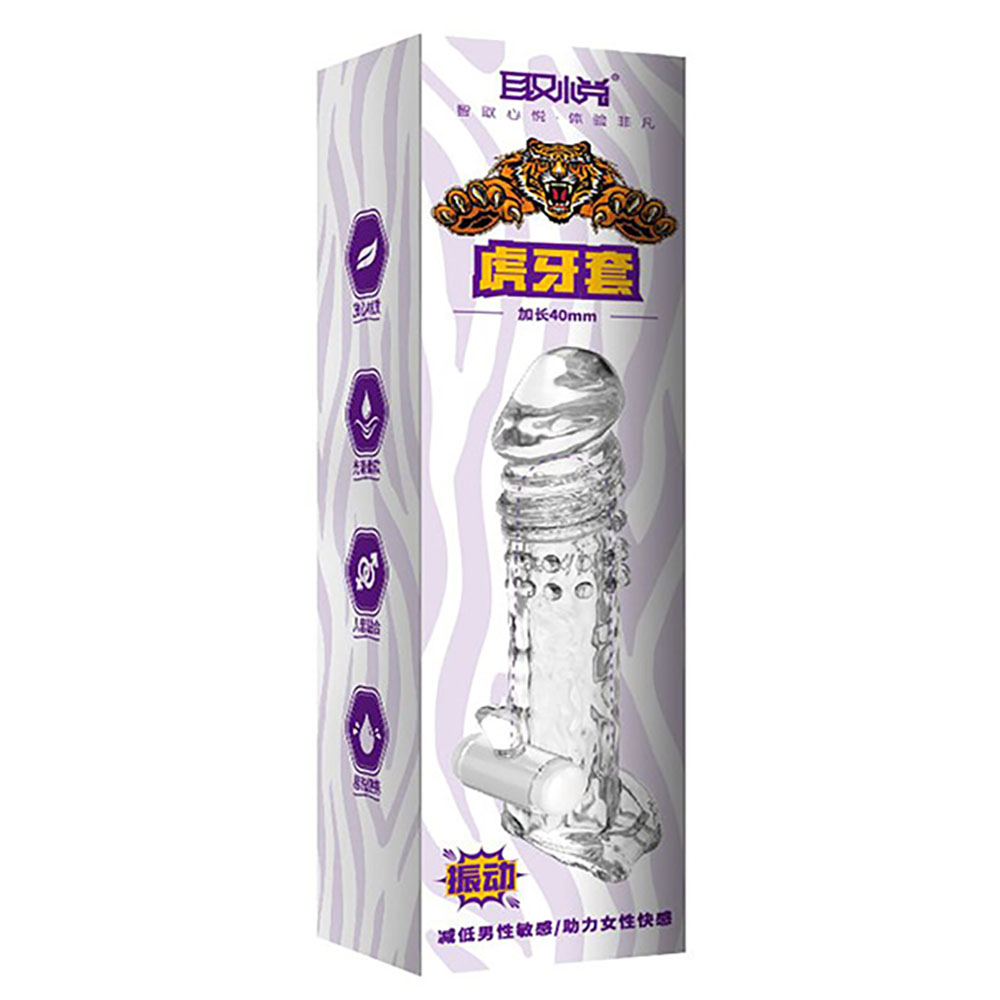 Capa Peniana Tiger com 12 Vibra��es Transparente, mostrando o sistema de controle de vibra��o e o design flex�vel apto para diversos tamanhos.