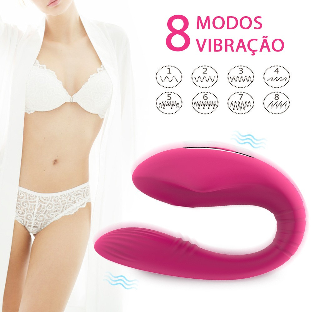 Vibrador para casal rosa com 8 modos de vibra��o ilustrados em um corpo feminino