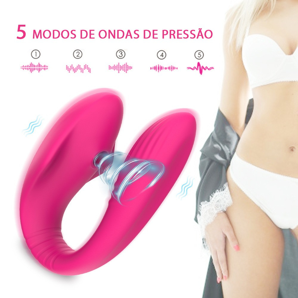 Vibrador em forma de U com 5 modos de pulsa��o ilustrados sobre um corpo feminino