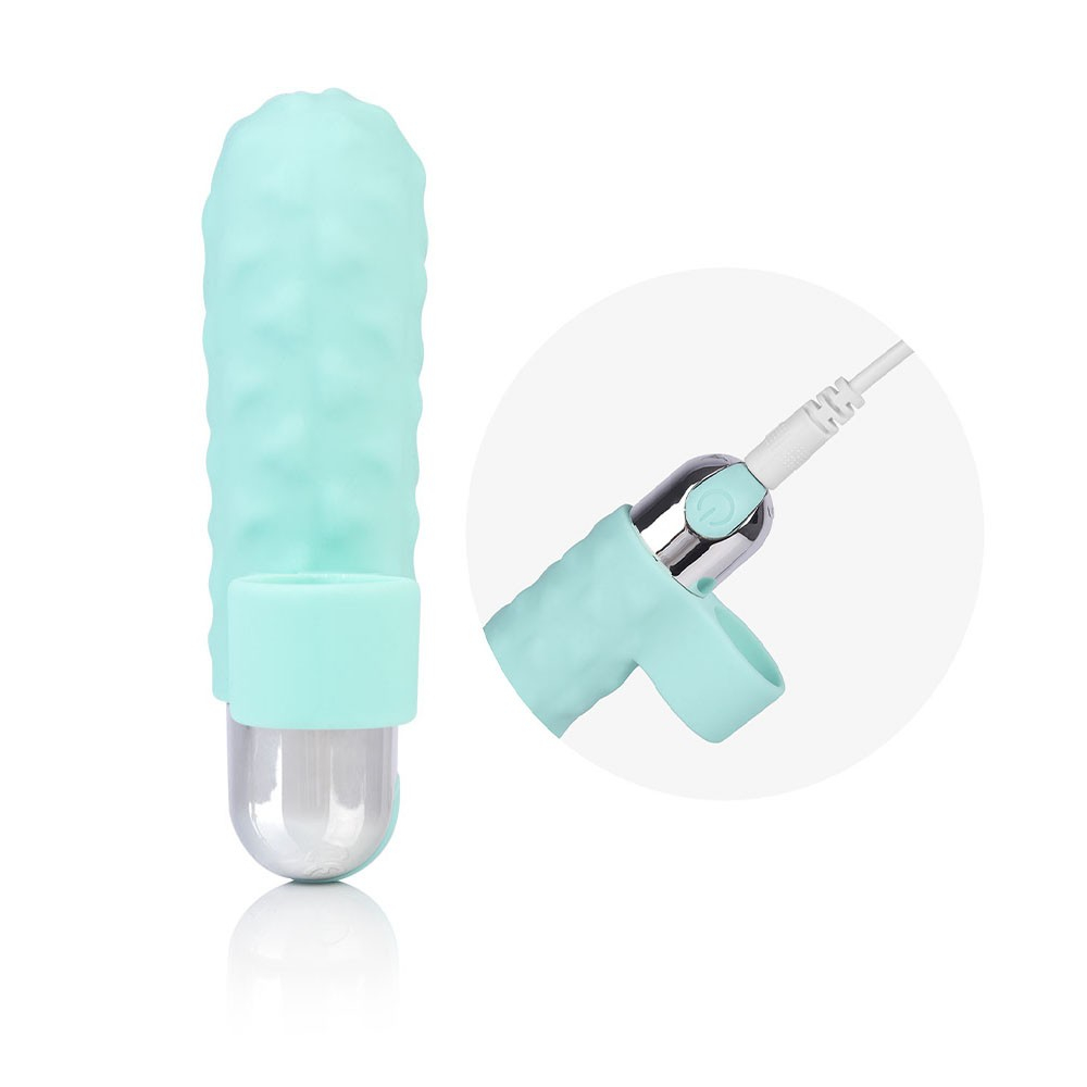 Dedeira Estimuladora Vibrat�ria Bia Cyan com detalhe do cabo USB para recarga e o design recarreg�vel.