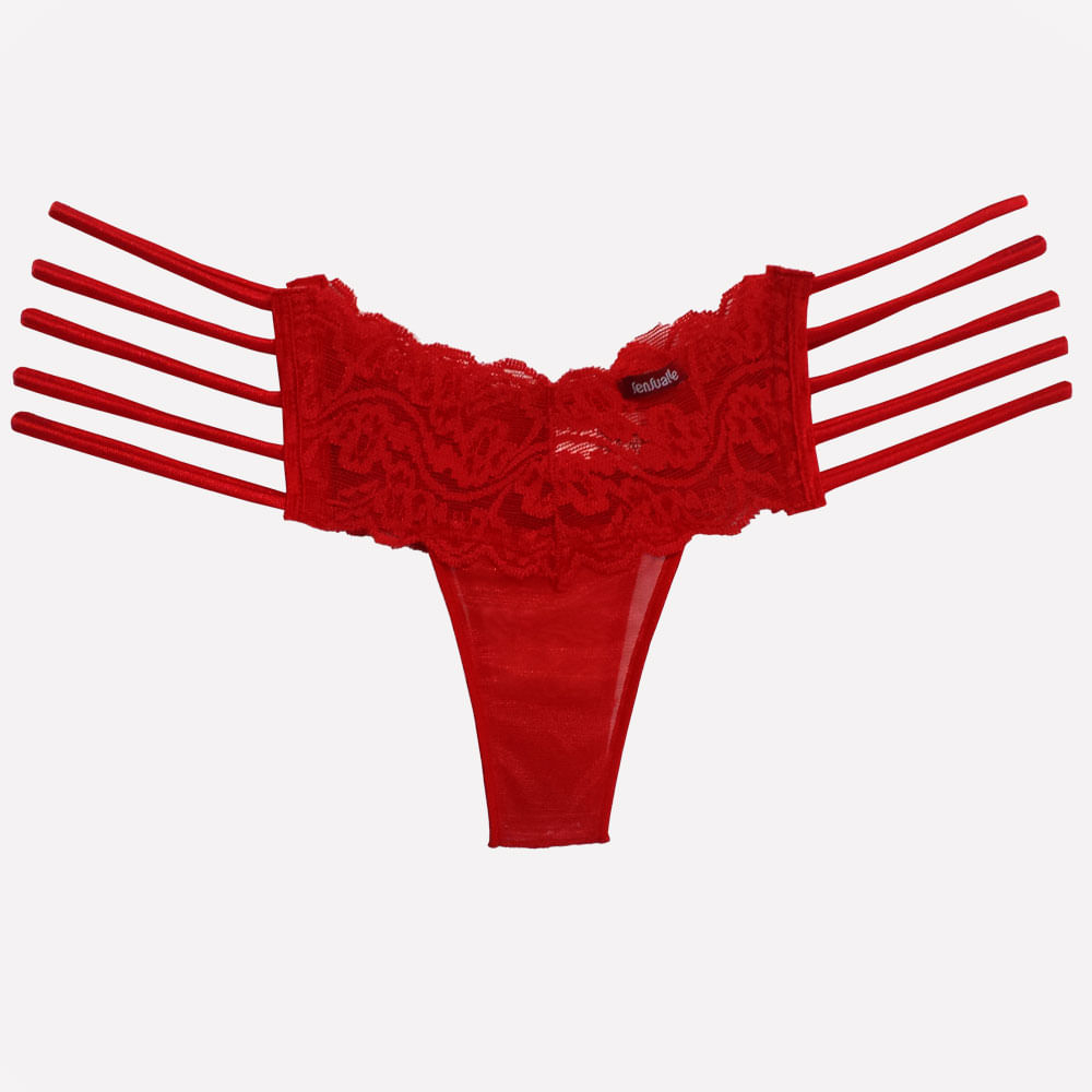 Calcinha Strappy Fio Dental Sexy em Renda com Rolot�s Vermelha, vista frontal, com etiqueta da marca.