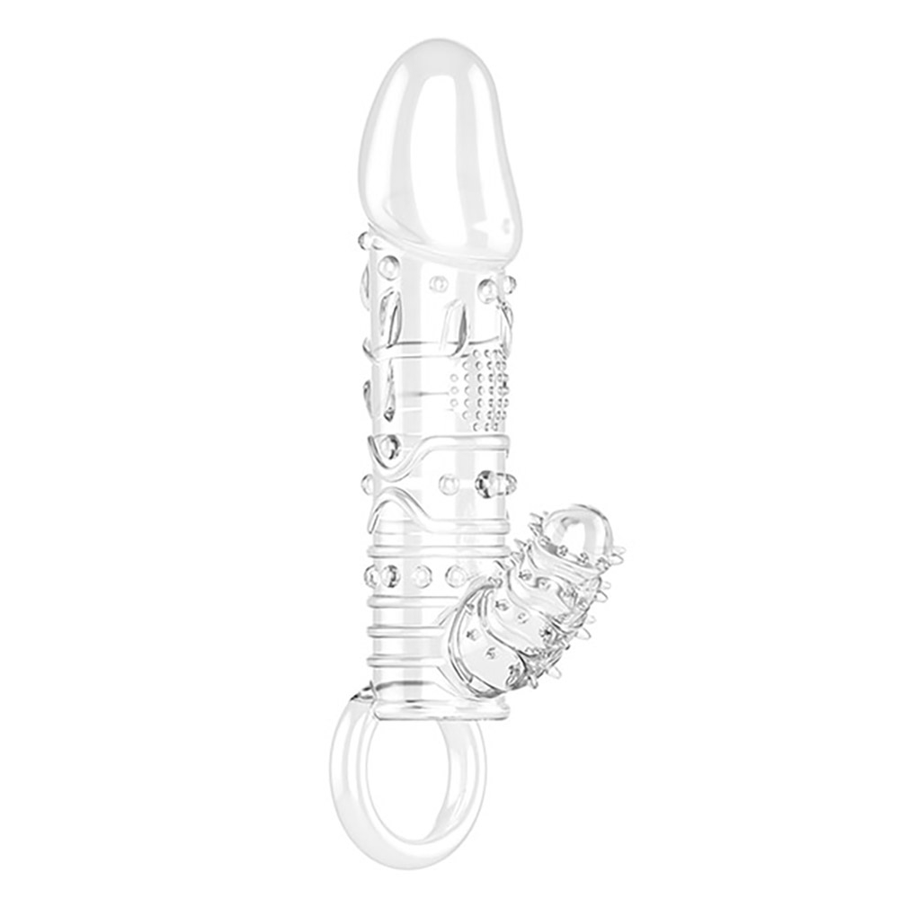 Capa Peniana com Vibrador em Jelly com Anel Escrotal e Estimulador de Clit�ris - vista lateral com vibrador e texturas