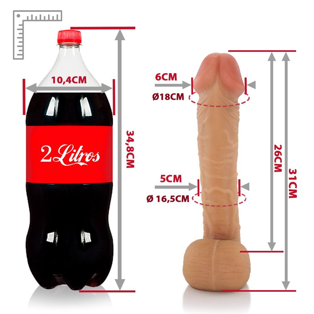 P�nis Real�stico em PVC Flex�vel Cabe��o 31 x 6cm Bege, vista superior da anatomia do p�nis, ressaltando o realismo