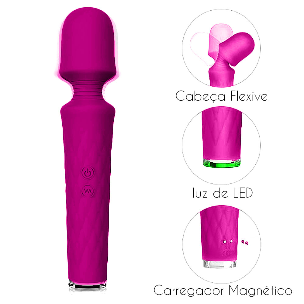 Close-up do massageador Luna Pink, mostrando a cabe�a flex�vel, luz LED e carregador magn�tico.