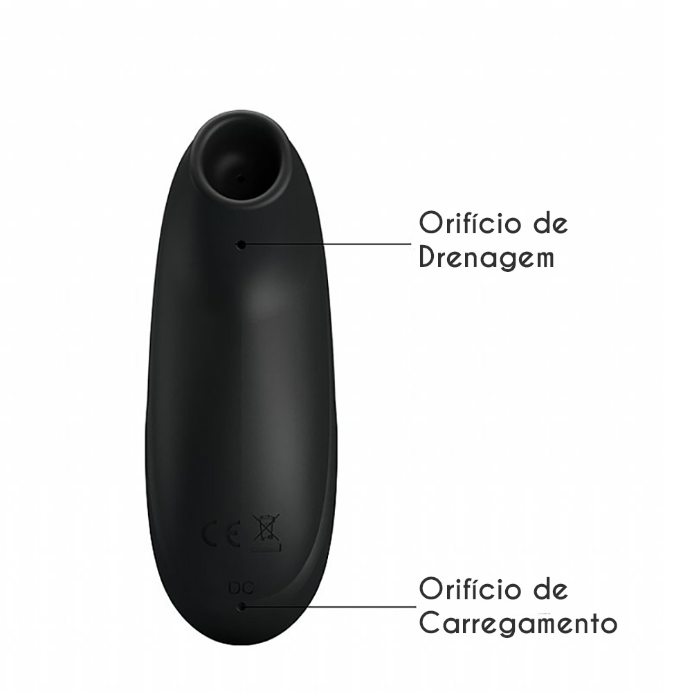 Estimulador de Clit�ris Recarreg�vel Otis Preto, vista superior mostrando orif�cio de drenagem e orif�cio de carregamento USB